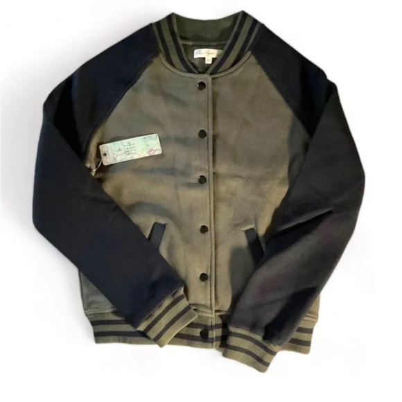 Soft shell letterman/olive green and black/lightweight jacket,snap front,New. - Picture 1 of 7